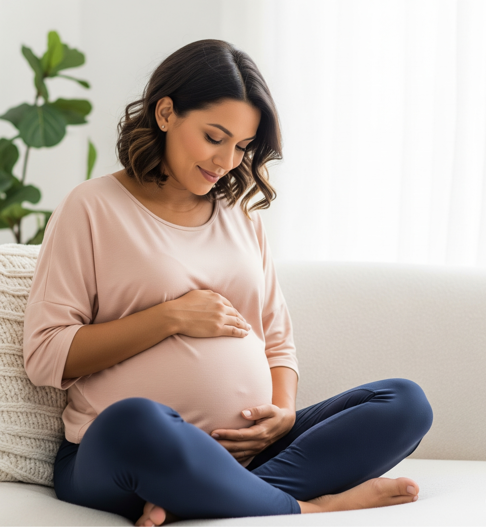 kobieta w ciąży patrząca na swój brzuch