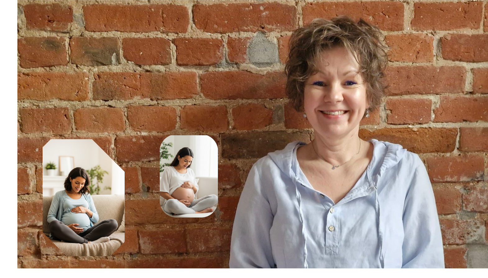 położna Honorata Dywelska, na tle murku oraz dwie kobiety w ciąży